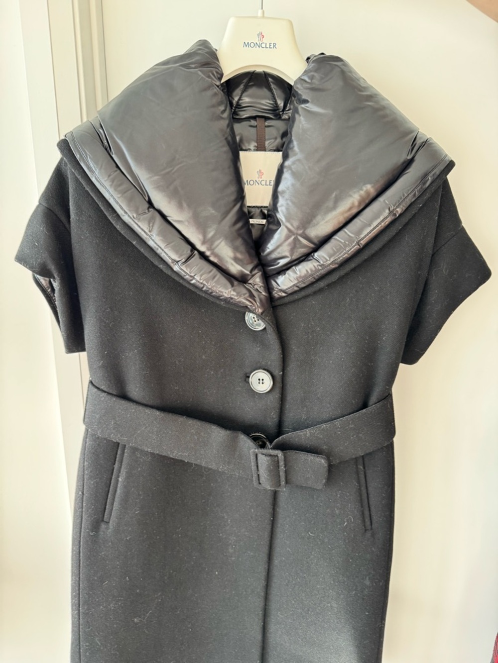 Moncler Black Wool Trench Coat with Quilted Padded Collar
